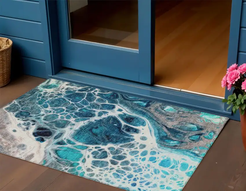 Teal Blue And Navy Blue Nautical Washable Indoor Outdoor Area Rug Photo 1