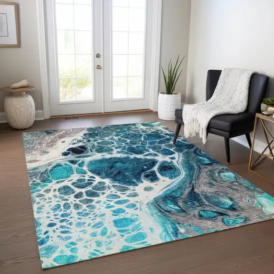 Teal Blue And Navy Blue Nautical Washable Indoor Outdoor Area Rug Photo 9