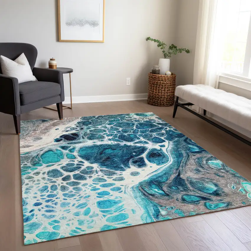 Teal Blue And Navy Blue Nautical Washable Indoor Outdoor Area Rug Photo 8