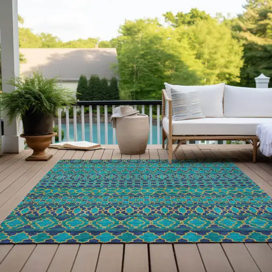 Teal Blue And Navy Blue Quatrefoil Washable Indoor Outdoor Area Rug Photo 9