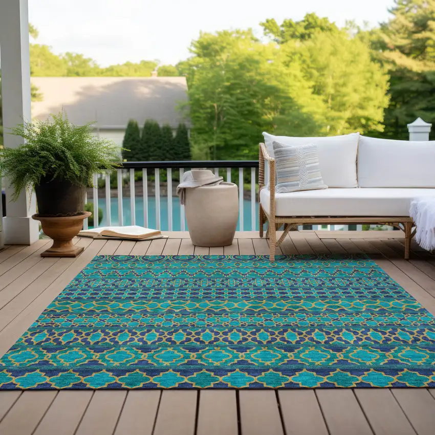 Teal Blue And Navy Blue Quatrefoil Washable Indoor Outdoor Area Rug Photo 9