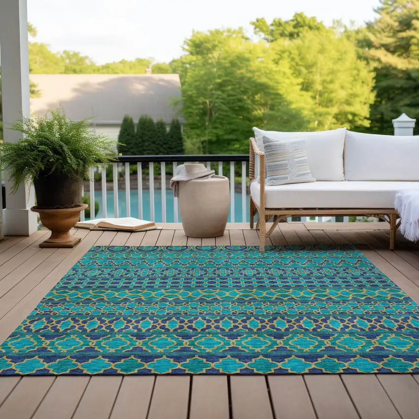 Teal Blue And Navy Blue Quatrefoil Washable Indoor Outdoor Area Rug Photo 9