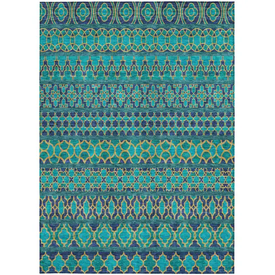 Teal Blue And Navy Blue Quatrefoil Washable Indoor Outdoor Area Rug Photo 5