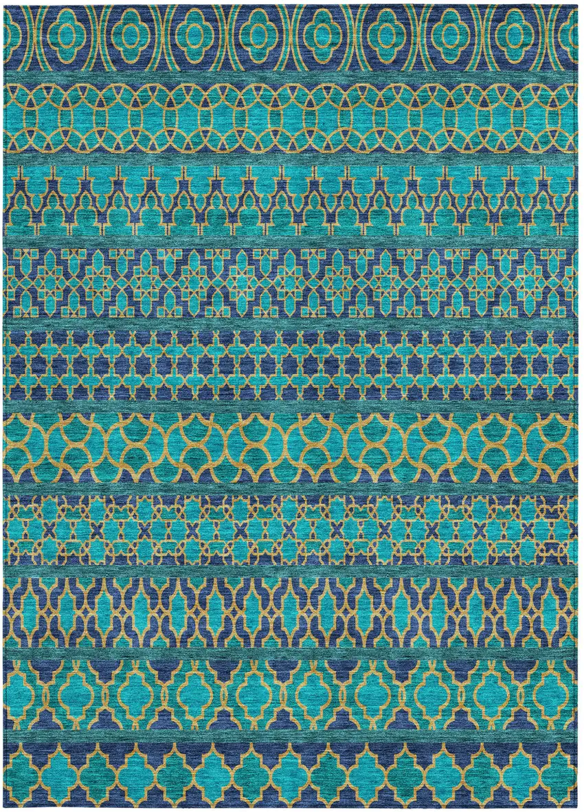 Teal Blue And Navy Blue Quatrefoil Washable Indoor Outdoor Area Rug Photo 5