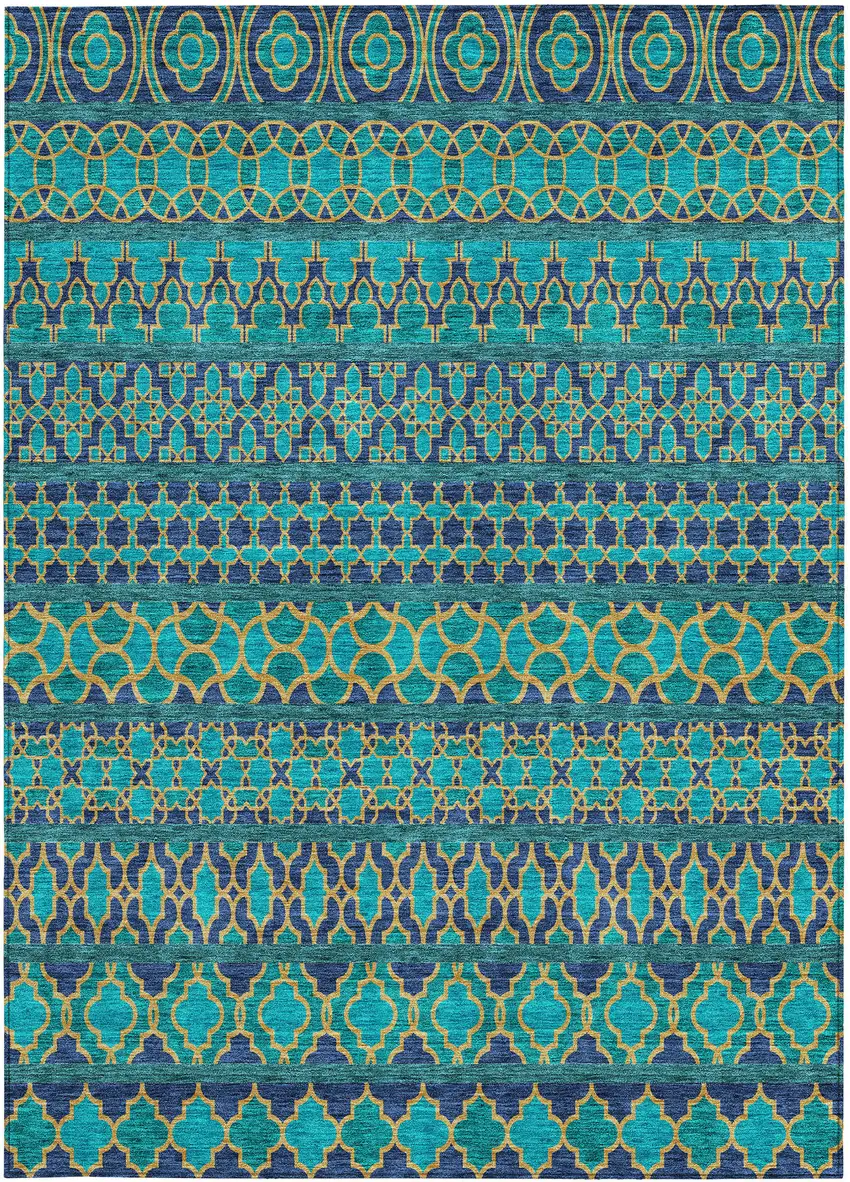 Teal Blue And Navy Blue Quatrefoil Washable Indoor Outdoor Area Rug Photo 5