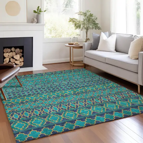 Teal Blue And Navy Blue Quatrefoil Washable Indoor Outdoor Area Rug Photo 7