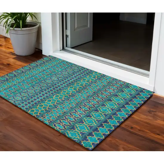 Teal Blue And Navy Blue Quatrefoil Washable Indoor Outdoor Area Rug Photo 1
