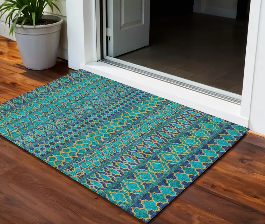 Teal Blue And Navy Blue Quatrefoil Washable Indoor Outdoor Area Rug Photo 1