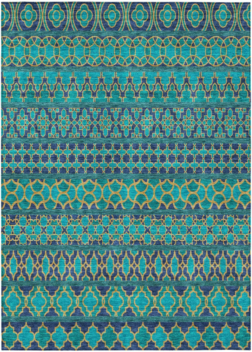 Teal Blue And Navy Blue Quatrefoil Washable Indoor Outdoor Area Rug Photo 1