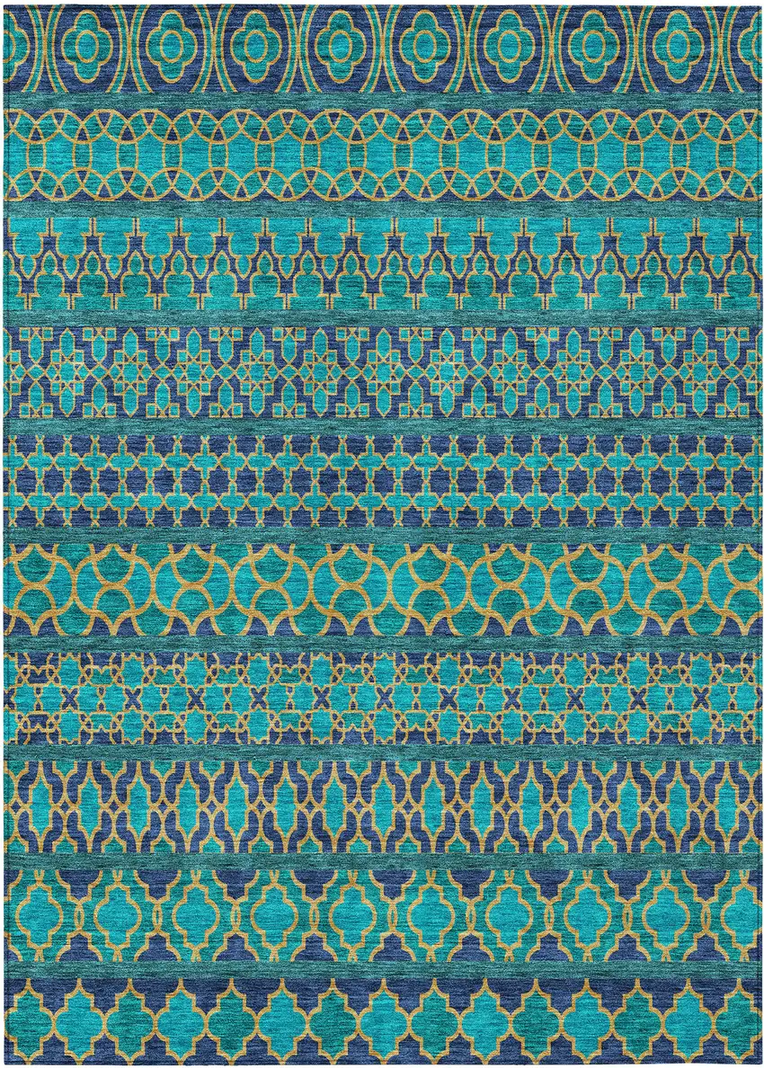 Teal Blue And Navy Blue Quatrefoil Washable Indoor Outdoor Area Rug Photo 1