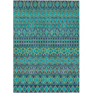 Photo of Teal Blue And Navy Blue Quatrefoil Washable Indoor Outdoor Area Rug