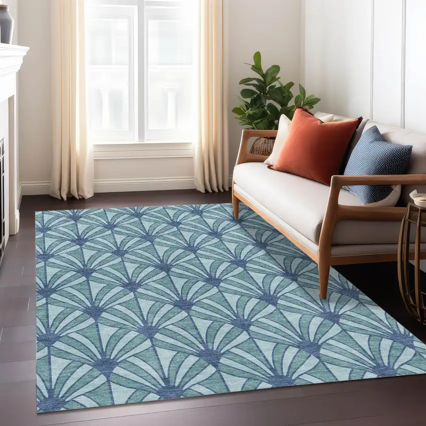 Teal Blue And Navy Blue Seashell Washable Indoor Outdoor Area Rug Photo 5