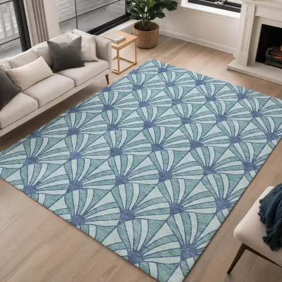 Teal Blue And Navy Blue Seashell Washable Indoor Outdoor Area Rug Photo 4