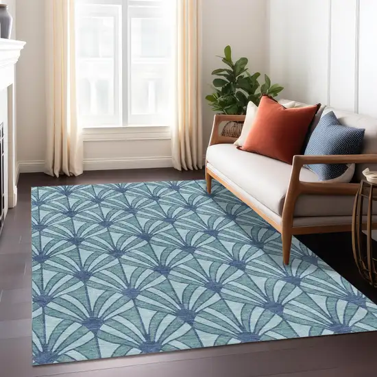 Teal Blue And Navy Blue Seashell Washable Indoor Outdoor Area Rug Photo 5