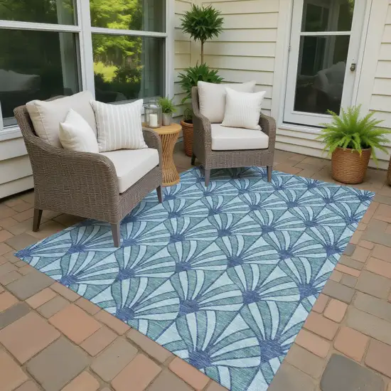Teal Blue And Navy Blue Seashell Washable Indoor Outdoor Area Rug Photo 3