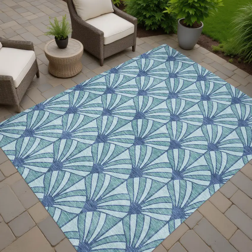 Teal Blue And Navy Blue Seashell Washable Indoor Outdoor Area Rug Photo 6