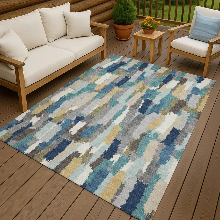 Teal Blue And Navy Blue Striped Washable Indoor Outdoor Area Rug Photo 4