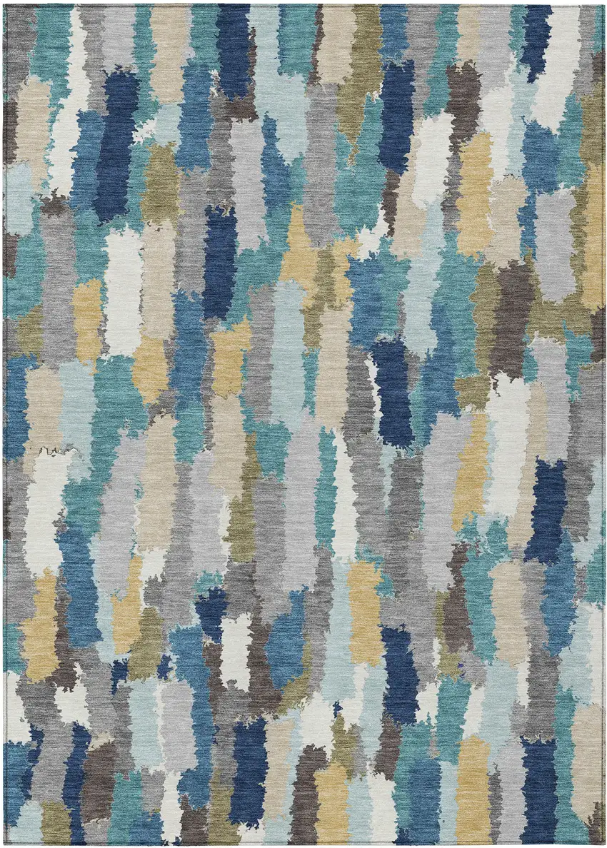 Teal Blue And Navy Blue Striped Washable Indoor Outdoor Area Rug Photo 1