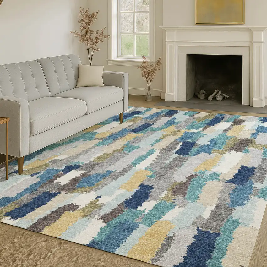 Teal Blue And Navy Blue Striped Washable Indoor Outdoor Area Rug Photo 6