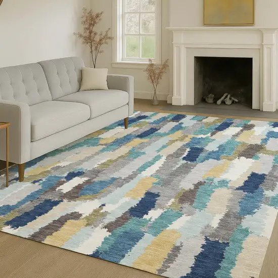 Teal Blue And Navy Blue Striped Washable Indoor Outdoor Area Rug Photo 6