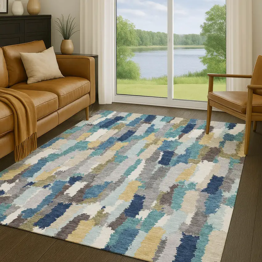 Teal Blue And Navy Blue Striped Washable Indoor Outdoor Area Rug Photo 5