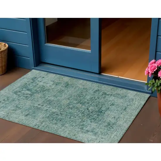 Teal Blue And Olive Green Abstract Washable Indoor Outdoor Area Rug Photo 2