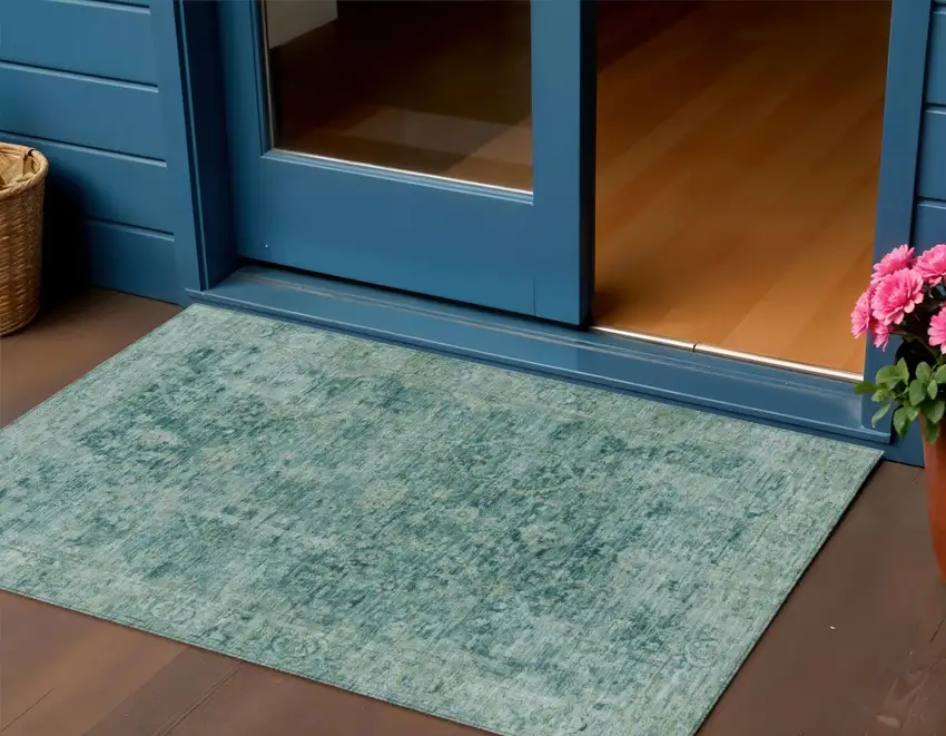 Teal Blue And Olive Green Abstract Washable Indoor Outdoor Area Rug Photo 2