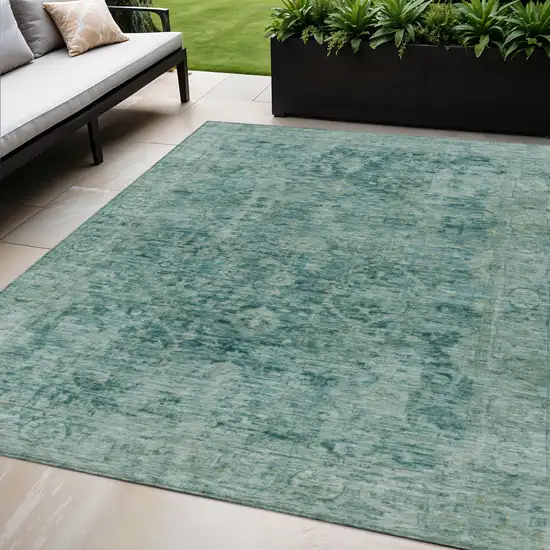 Teal Blue And Olive Green Abstract Washable Indoor Outdoor Area Rug Photo 2