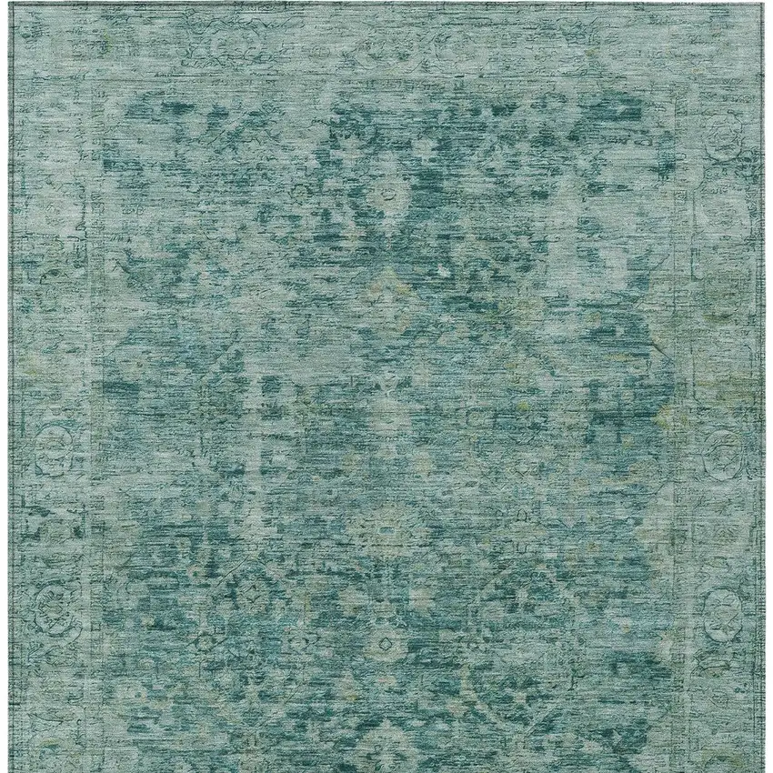 Teal Blue And Olive Green Abstract Washable Indoor Outdoor Area Rug Photo 9