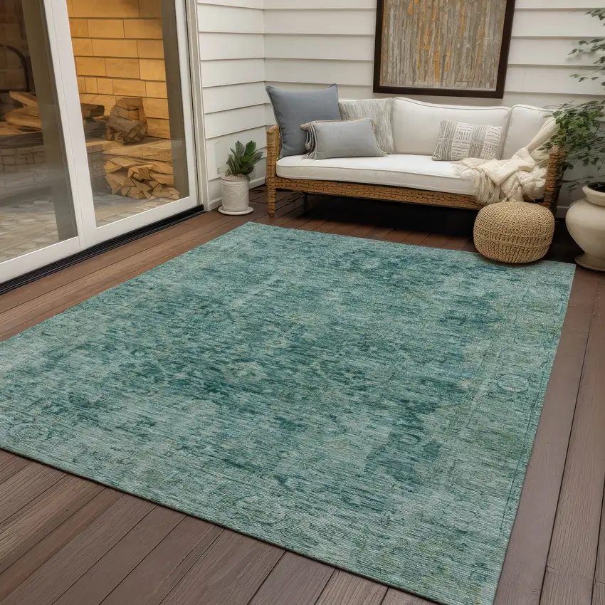 Teal Blue And Olive Green Abstract Washable Indoor Outdoor Area Rug Photo 5