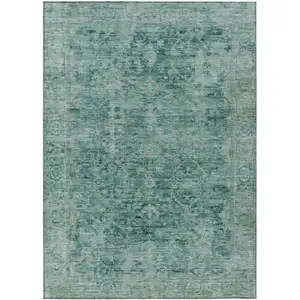Photo of Teal Blue And Olive Green Abstract Washable Indoor Outdoor Area Rug