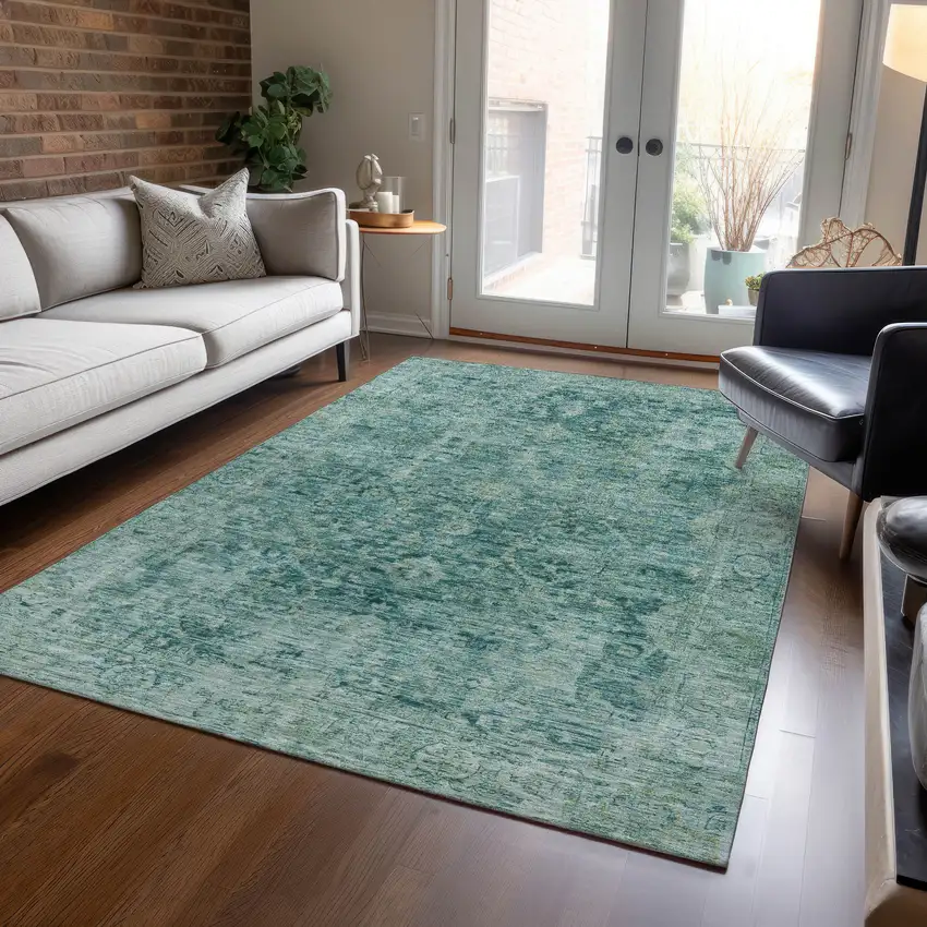 Teal Blue And Olive Green Abstract Washable Indoor Outdoor Area Rug Photo 6