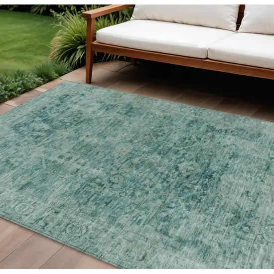 Teal Blue And Olive Green Abstract Washable Indoor Outdoor Area Rug Photo 2