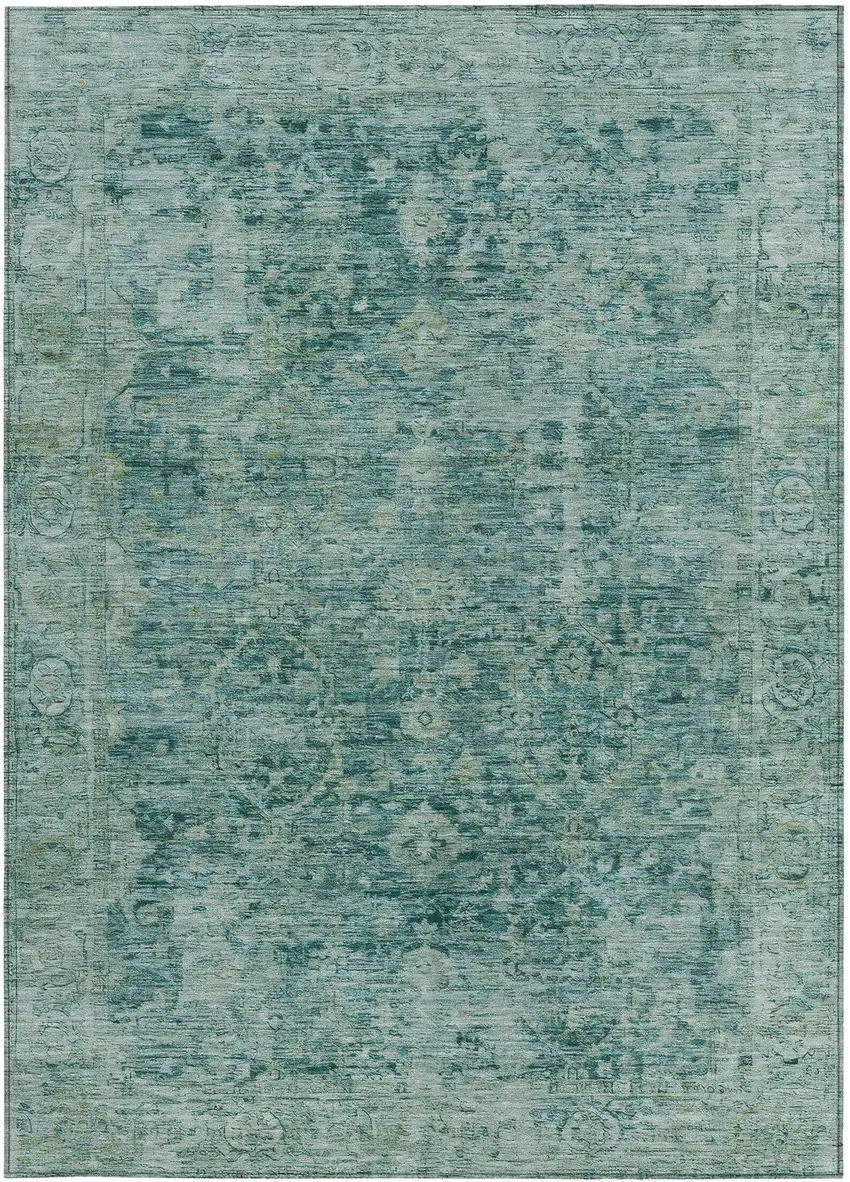 Teal Blue And Olive Green Abstract Washable Indoor Outdoor Area Rug Photo 4
