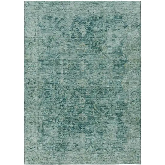 Teal Blue And Olive Green Abstract Washable Indoor Outdoor Area Rug Photo 1