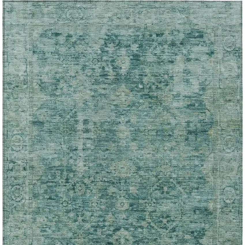 Teal Blue And Olive Green Abstract Washable Indoor Outdoor Area Rug Photo 4