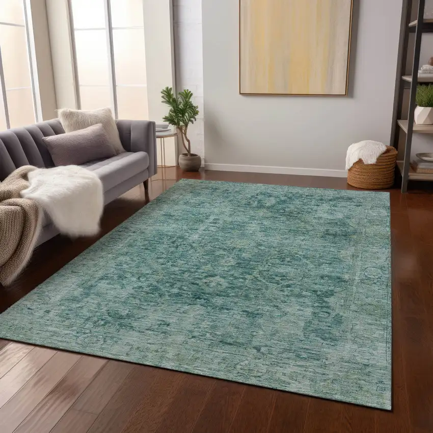 Teal Blue And Olive Green Abstract Washable Indoor Outdoor Area Rug Photo 7