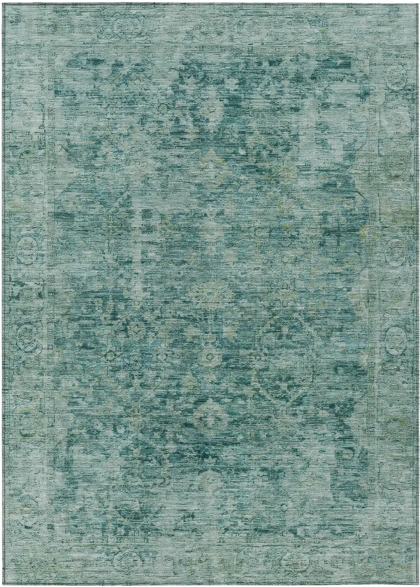Teal Blue And Olive Green Abstract Washable Indoor Outdoor Area Rug Photo 1