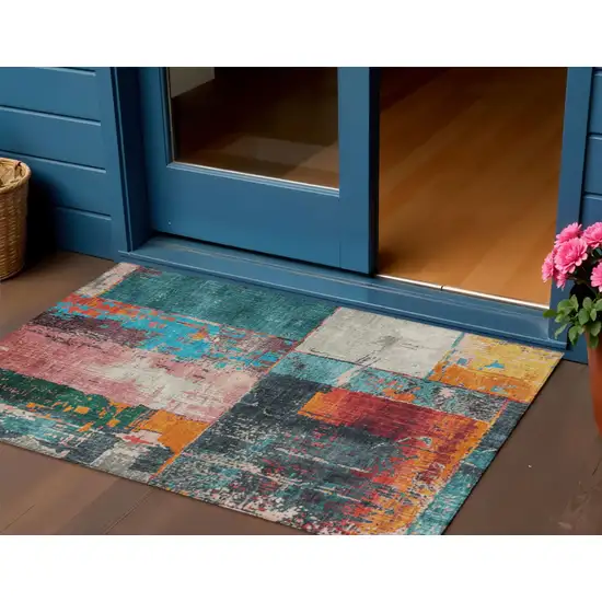 Teal Blue And Orange Abstract Washable Indoor Outdoor Area Rug Photo 2
