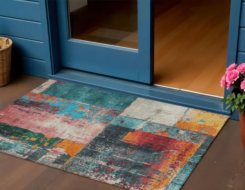 Teal Blue And Orange Abstract Washable Indoor Outdoor Area Rug Photo 2