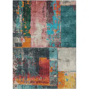 Photo of Teal Blue And Orange Abstract Washable Indoor Outdoor Area Rug