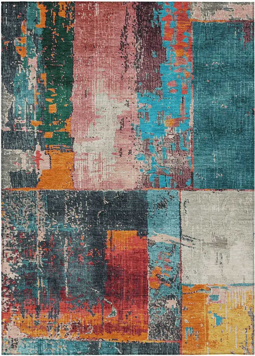 Teal Blue And Orange Abstract Washable Indoor Outdoor Area Rug Photo 1