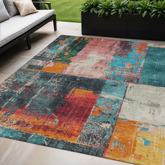 Teal Blue And Orange Abstract Washable Indoor Outdoor Area Rug Photo 2