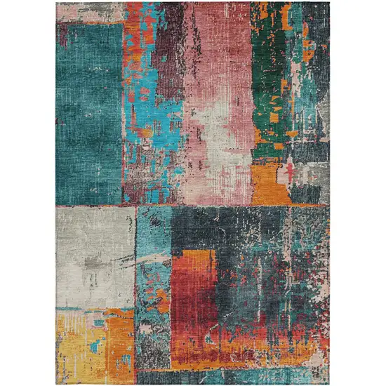 Teal Blue And Orange Abstract Washable Indoor Outdoor Area Rug Photo 3