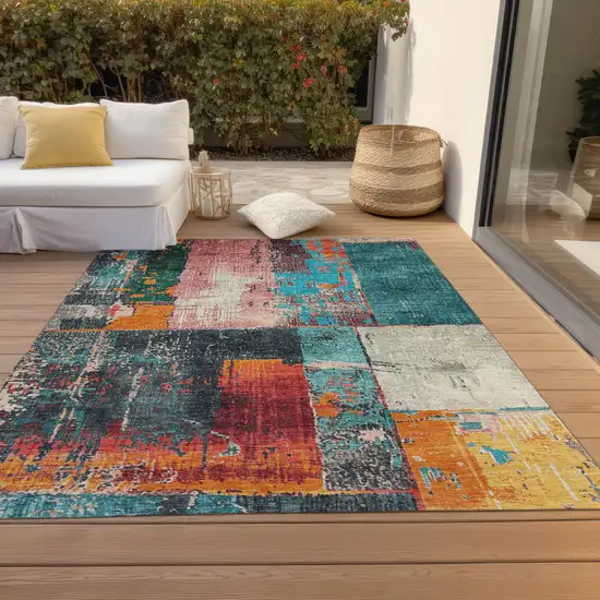 Teal Blue And Orange Abstract Washable Indoor Outdoor Area Rug Photo 8