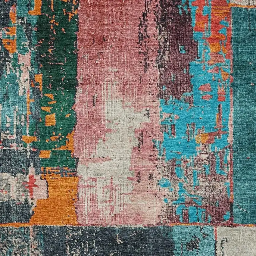 Teal Blue And Orange Abstract Washable Indoor Outdoor Area Rug Photo 4