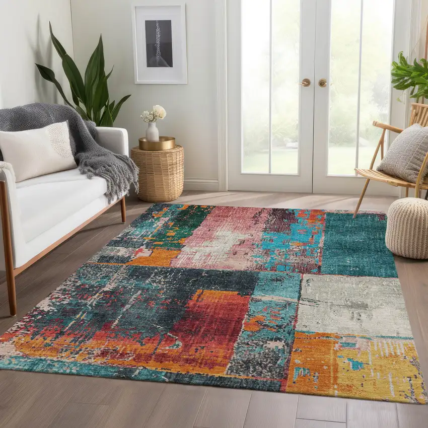 Teal Blue And Orange Abstract Washable Indoor Outdoor Area Rug Photo 7