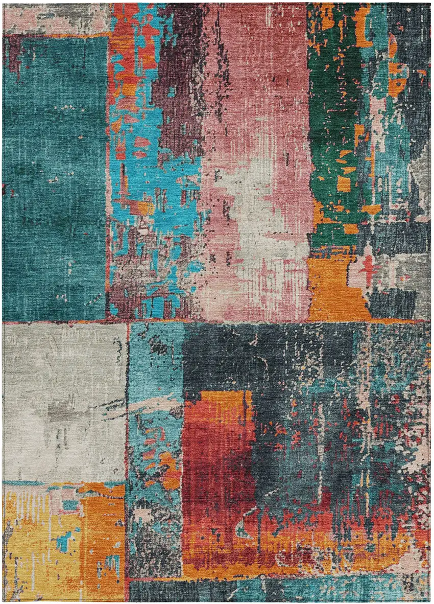 Teal Blue And Orange Abstract Washable Indoor Outdoor Area Rug Photo 3