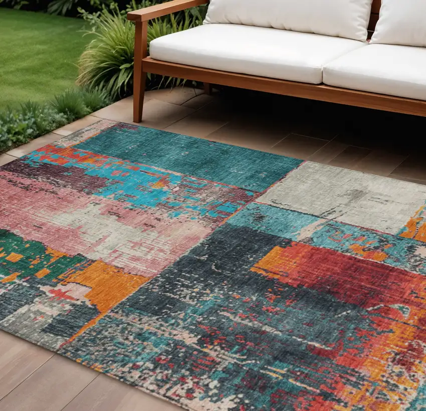 Teal Blue And Orange Abstract Washable Indoor Outdoor Area Rug Photo 2