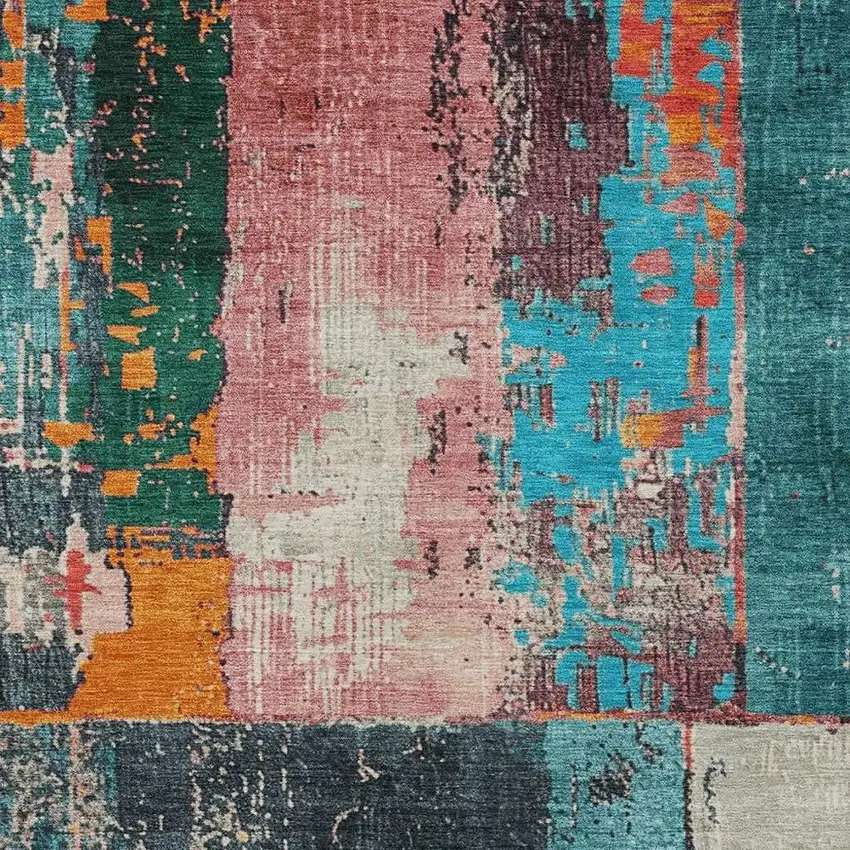 Teal Blue And Orange Abstract Washable Indoor Outdoor Area Rug Photo 4